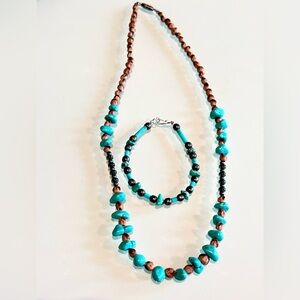 Vintage Turquoise and Brown Beaded Necklace and Bracelet Set